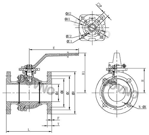 二片式美標(biāo)高平臺球閥尺寸圖 二片式美標(biāo)高平臺球閥尺寸圖