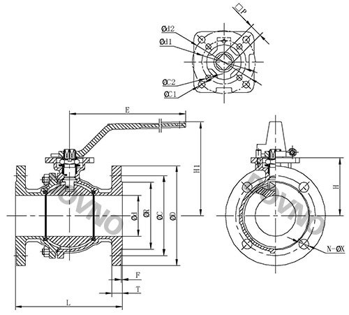 2PC日標高平臺法蘭球閥外形尺寸圖 2PC日標高平臺法蘭球閥外形尺寸圖
