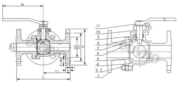 三通L型球閥結(jié)構(gòu)圖 三通L型球閥結(jié)構(gòu)圖