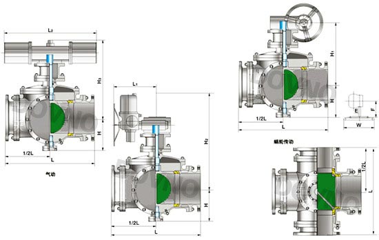 蝸輪四通球閥結(jié)構(gòu)圖 蝸輪四通球閥結(jié)構(gòu)圖