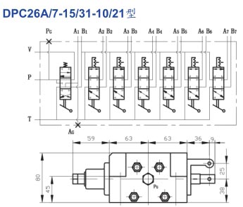 DPC26A/7-15/31-10/21型下車多路閥尺寸圖1 DPC26A/7-15/31-10/21型下車多路閥尺寸圖1