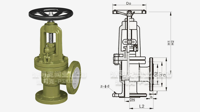 襯氟直角式截止閥結(jié)構(gòu)圖 襯氟直角式截止閥結(jié)構(gòu)圖